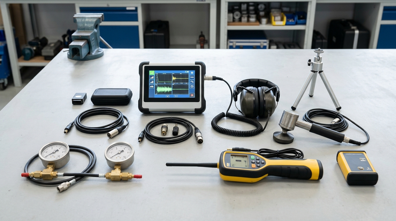 Electronic slab leak listening equipment placed on tile floor