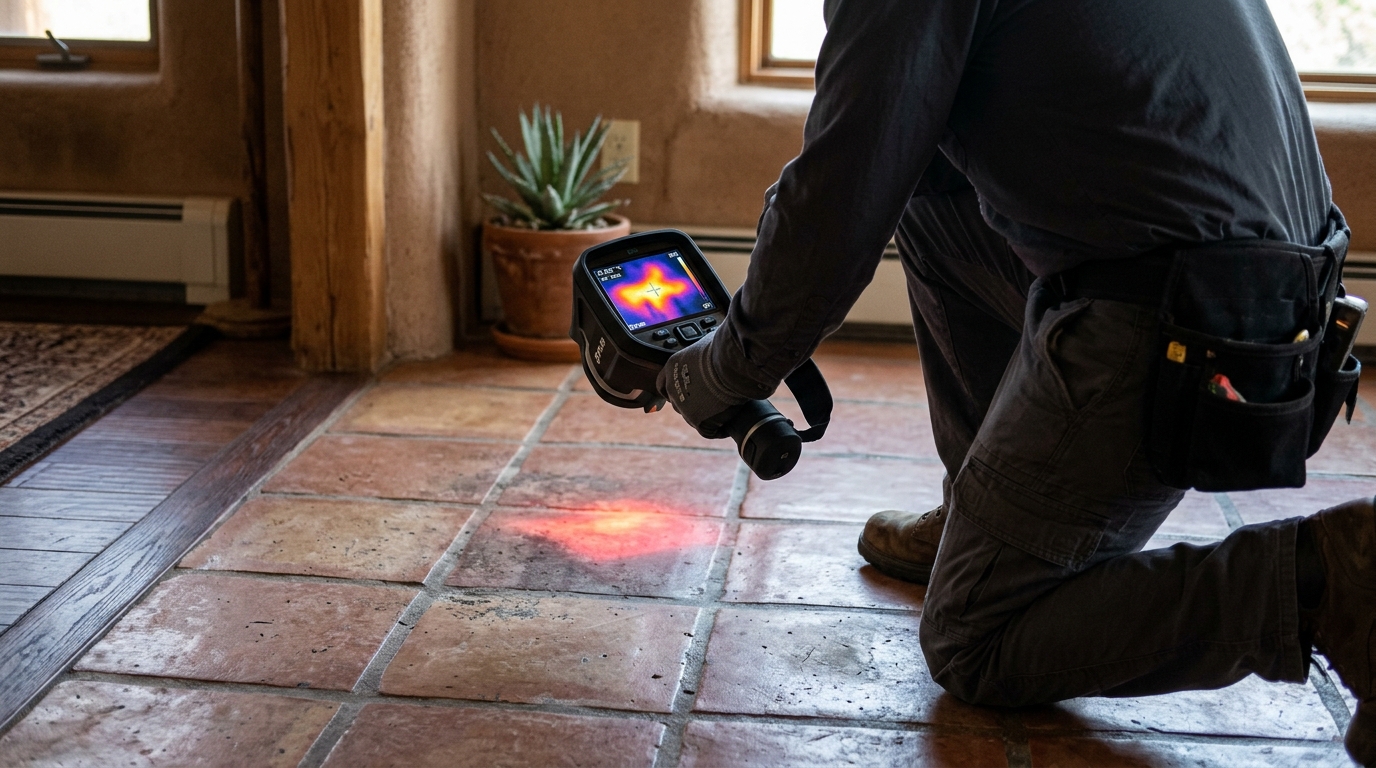 Thermal imaging technician scanning hot water line heat plume under floor