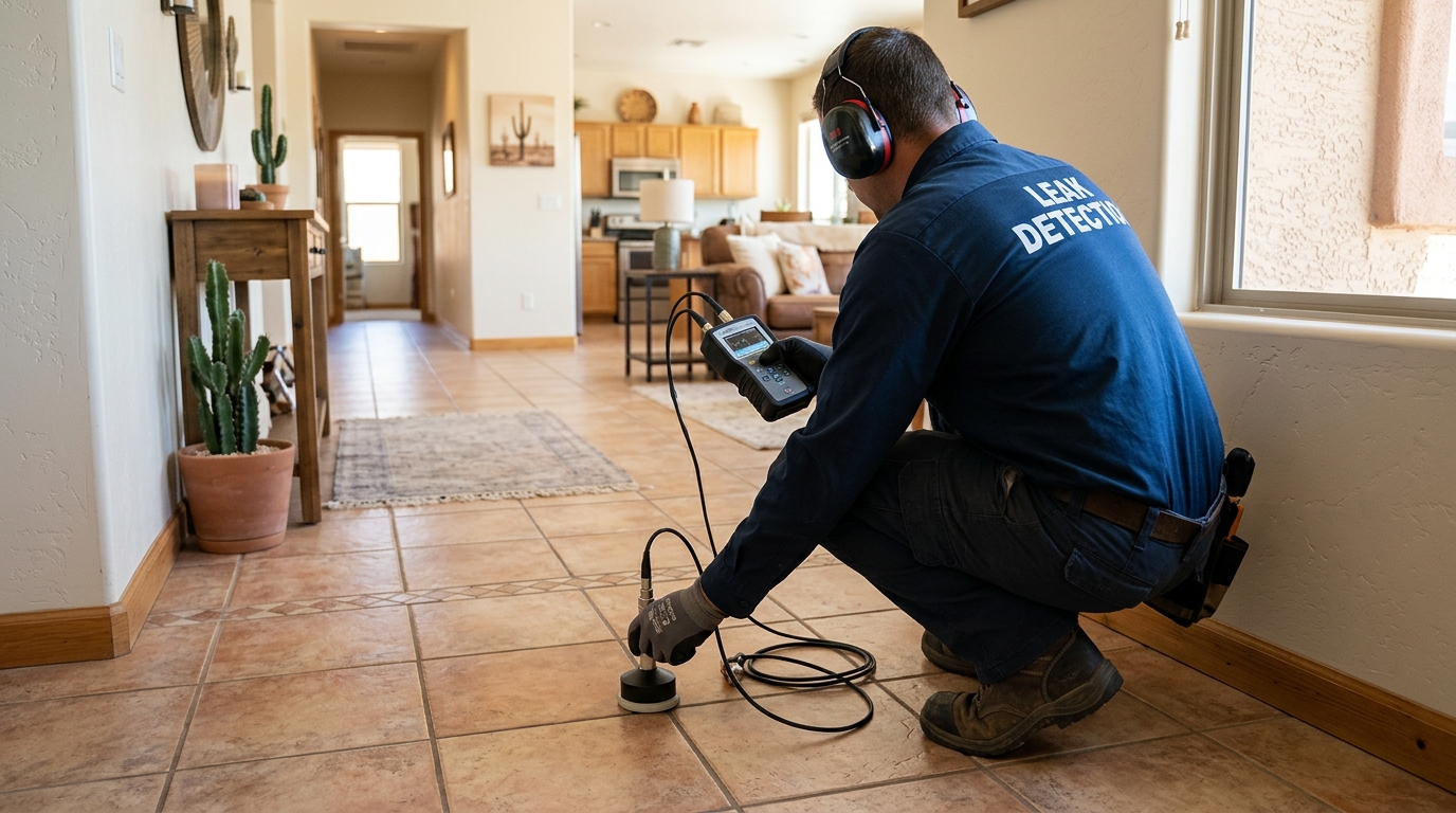 Acoustic slab leak diagnostic equipment scanning foundation floor in Mission Viejo